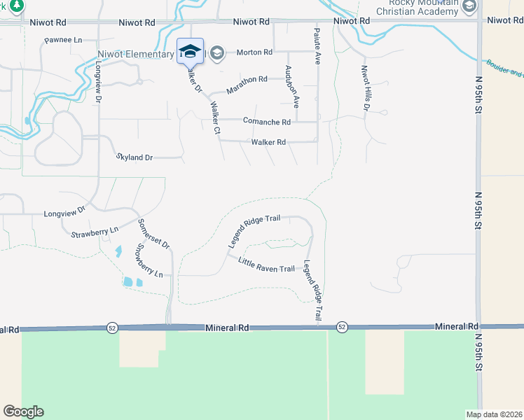 map of restaurants, bars, coffee shops, grocery stores, and more near 6533 Legend Ridge Trail in Niwot