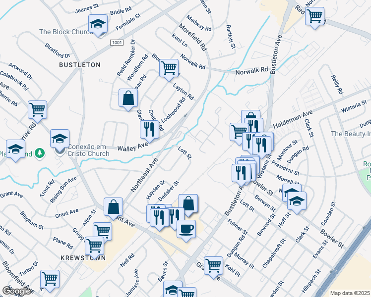 map of restaurants, bars, coffee shops, grocery stores, and more near 25 Country Lane in Philadelphia