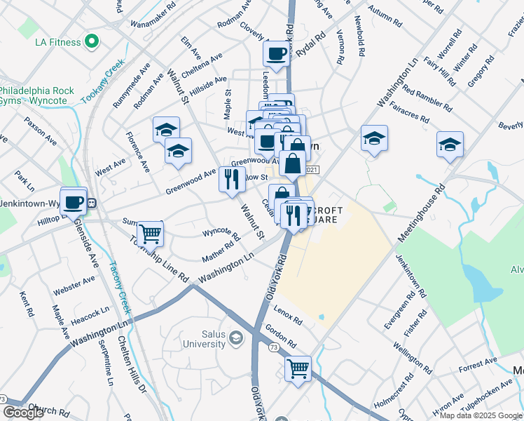 map of restaurants, bars, coffee shops, grocery stores, and more near 128 Cedar Street in Jenkintown