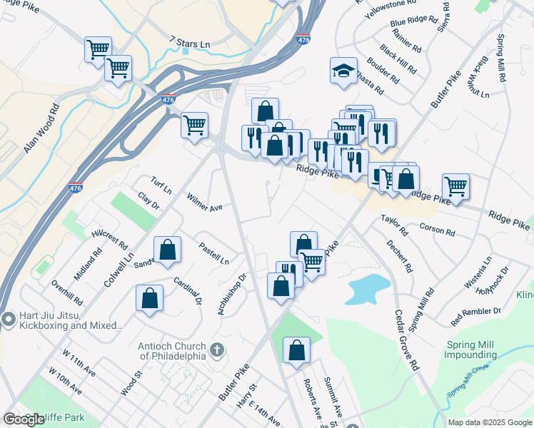 map of restaurants, bars, coffee shops, grocery stores, and more near 101 Sherwood Lane in Conshohocken
