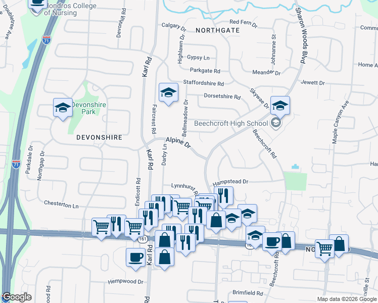 map of restaurants, bars, coffee shops, grocery stores, and more near 1700 Alpine Drive in Columbus