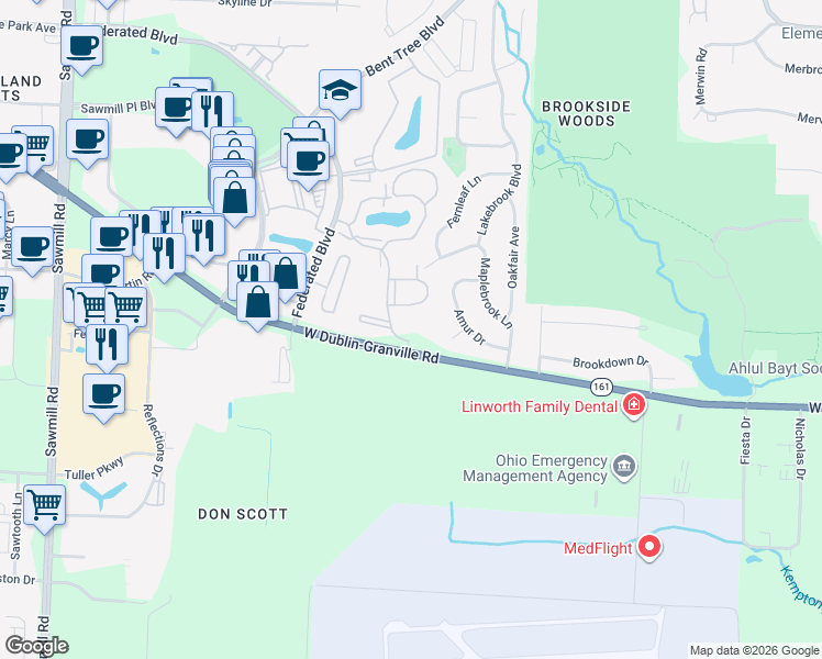 map of restaurants, bars, coffee shops, grocery stores, and more near 38 Meadow Village Drive in Columbus