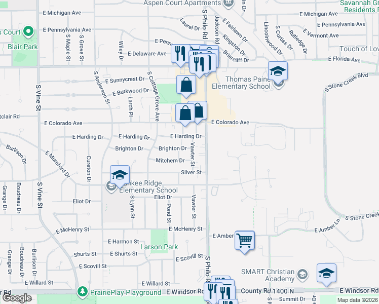 map of restaurants, bars, coffee shops, grocery stores, and more near 1309 East Harding Drive in Urbana