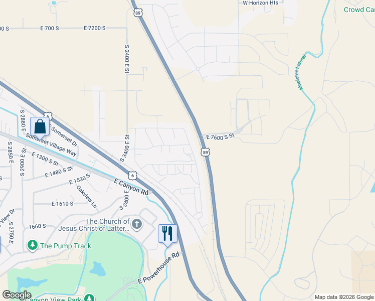 map of restaurants, bars, coffee shops, grocery stores, and more near 3697 East 1270 South in Spanish Fork
