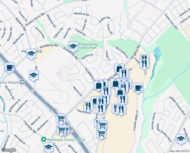 map of restaurants, bars, coffee shops, grocery stores, and more near 3727 Academy Road in Philadelphia