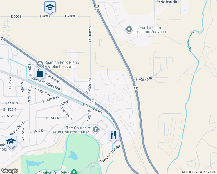 map of restaurants, bars, coffee shops, grocery stores, and more near 1302 South 3540 East in Spanish Fork