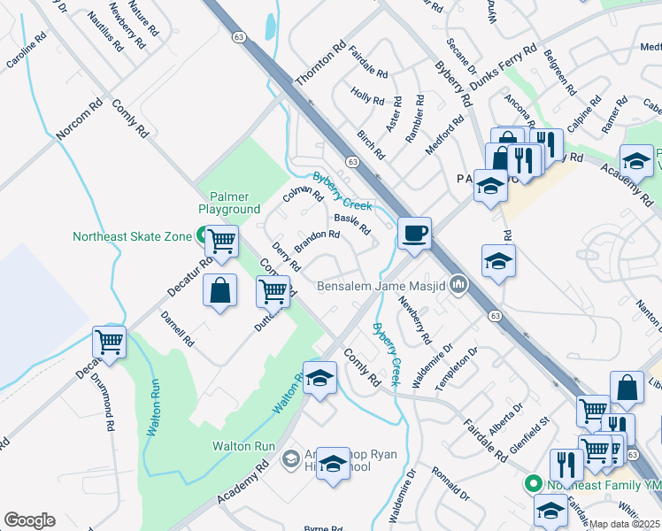 map of restaurants, bars, coffee shops, grocery stores, and more near 11727 Lanett Road in Philadelphia