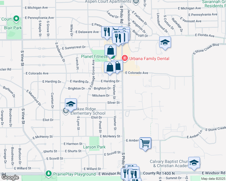 map of restaurants, bars, coffee shops, grocery stores, and more near 1309 East Harding Drive in Urbana
