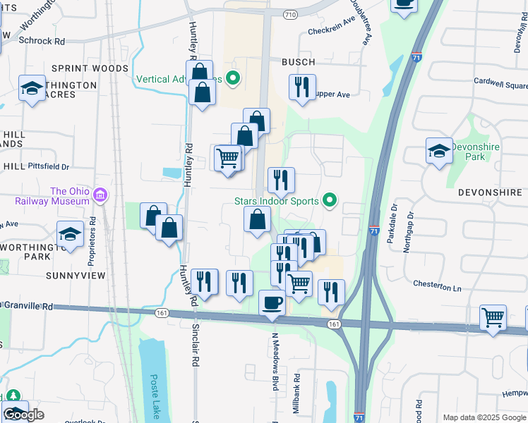 map of restaurants, bars, coffee shops, grocery stores, and more near in Columbus