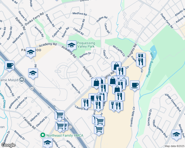 map of restaurants, bars, coffee shops, grocery stores, and more near 3727 Academy Road in Philadelphia