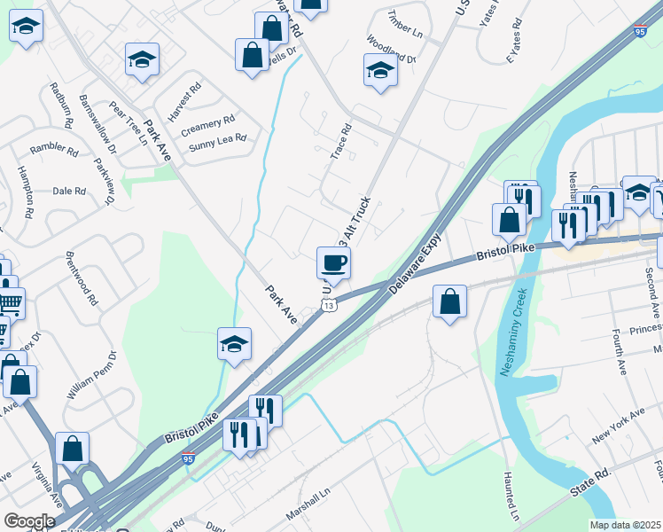 map of restaurants, bars, coffee shops, grocery stores, and more near 3806 Bensalem Blvd in Eddington