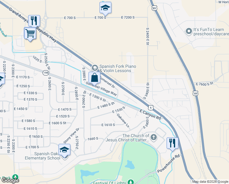 map of restaurants, bars, coffee shops, grocery stores, and more near 3117 Somerset Village Way in Spanish Fork