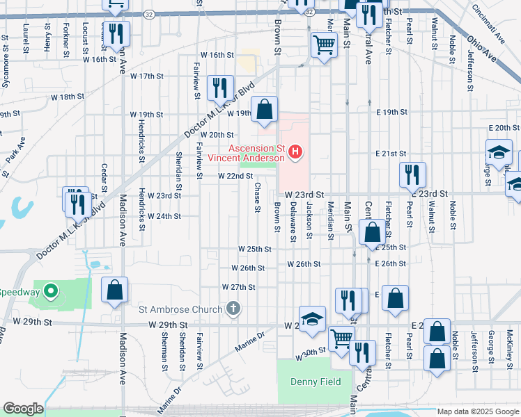 map of restaurants, bars, coffee shops, grocery stores, and more near 2301 Brown Street in Anderson