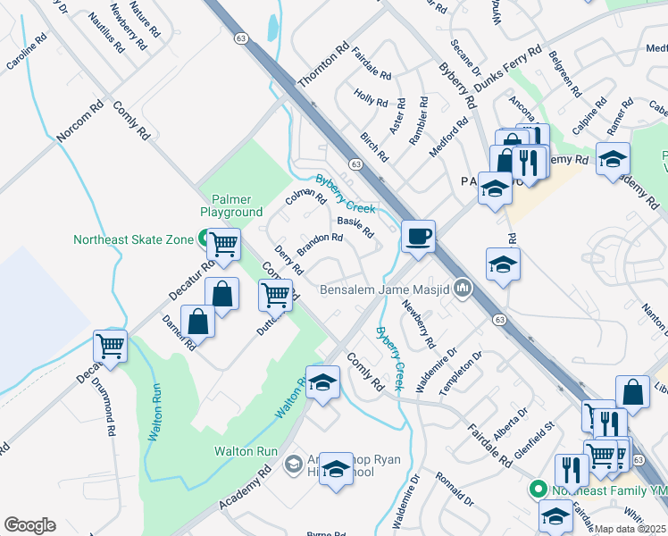 map of restaurants, bars, coffee shops, grocery stores, and more near 11727 Lanett Road in Philadelphia