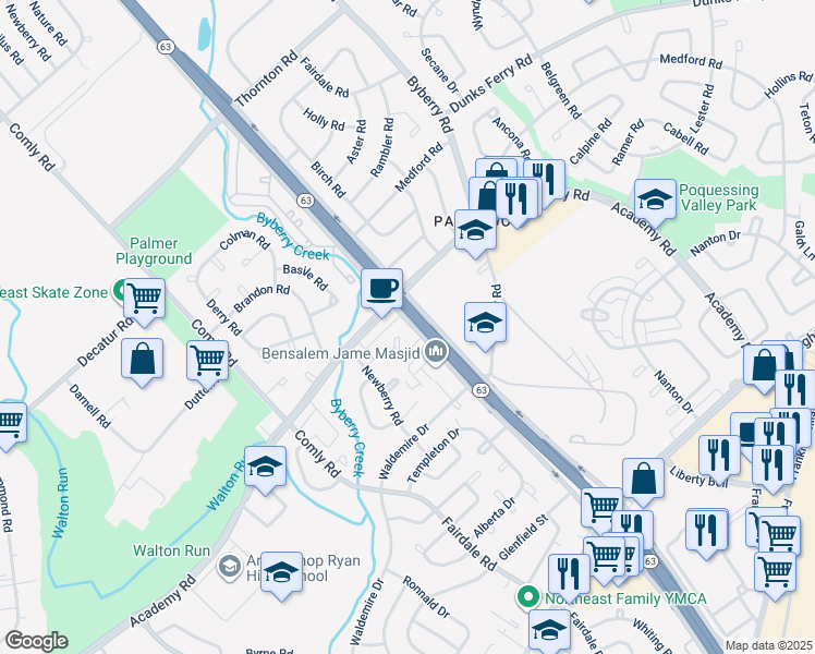 map of restaurants, bars, coffee shops, grocery stores, and more near 3514 Woodhaven Road in Philadelphia