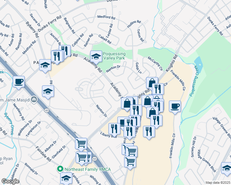 map of restaurants, bars, coffee shops, grocery stores, and more near 3712 Academy Road in Philadelphia