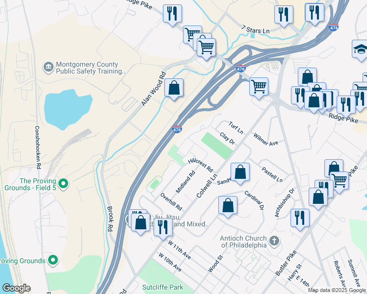 map of restaurants, bars, coffee shops, grocery stores, and more near 101 Barefield Lane in Conshohocken