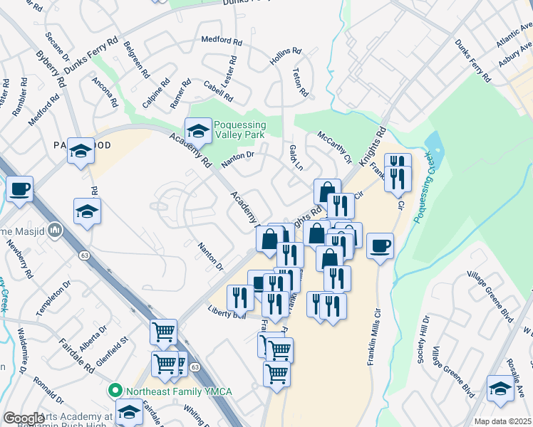 map of restaurants, bars, coffee shops, grocery stores, and more near 12614 Biscayne Drive in Philadelphia