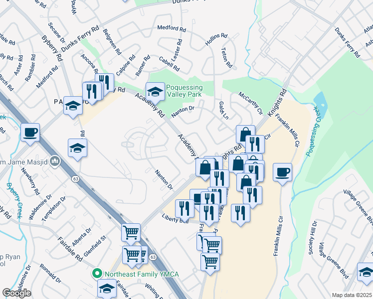 map of restaurants, bars, coffee shops, grocery stores, and more near 3712 Academy Road in Philadelphia