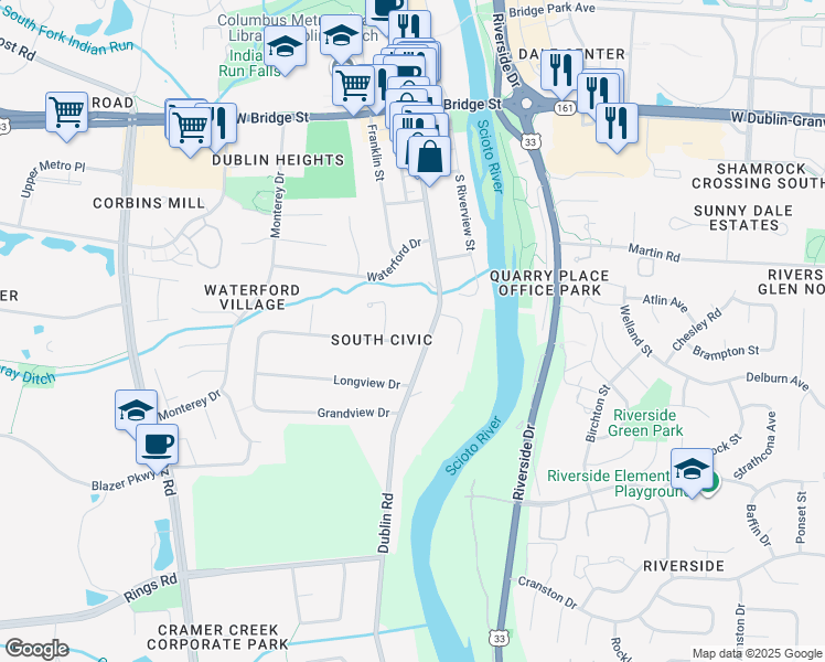 map of restaurants, bars, coffee shops, grocery stores, and more near 6165 Dublin Road in Dublin