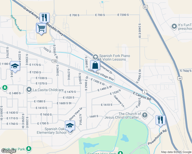 map of restaurants, bars, coffee shops, grocery stores, and more near 2998 East Canyon Road in Spanish Fork