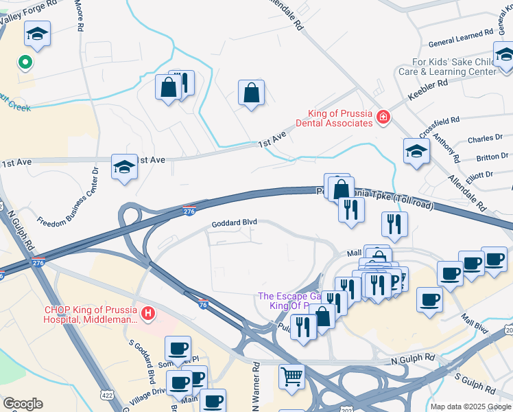 map of restaurants, bars, coffee shops, grocery stores, and more near 290 Goddard Boulevard in King of Prussia