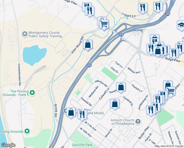 map of restaurants, bars, coffee shops, grocery stores, and more near 101 Barefield Lane in Conshohocken