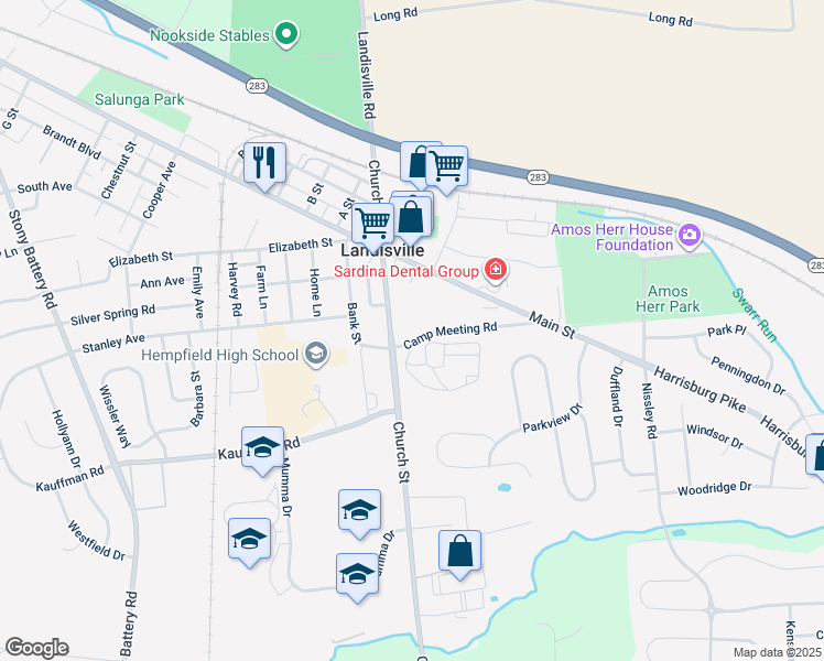 map of restaurants, bars, coffee shops, grocery stores, and more near 315 Camp Meeting Road in Salunga-Landisville