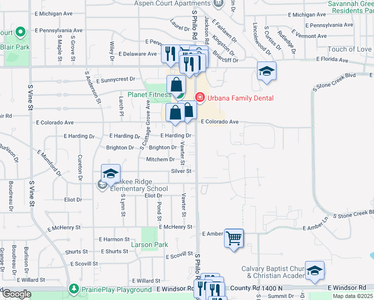 map of restaurants, bars, coffee shops, grocery stores, and more near 2008 Vawter Street in Urbana