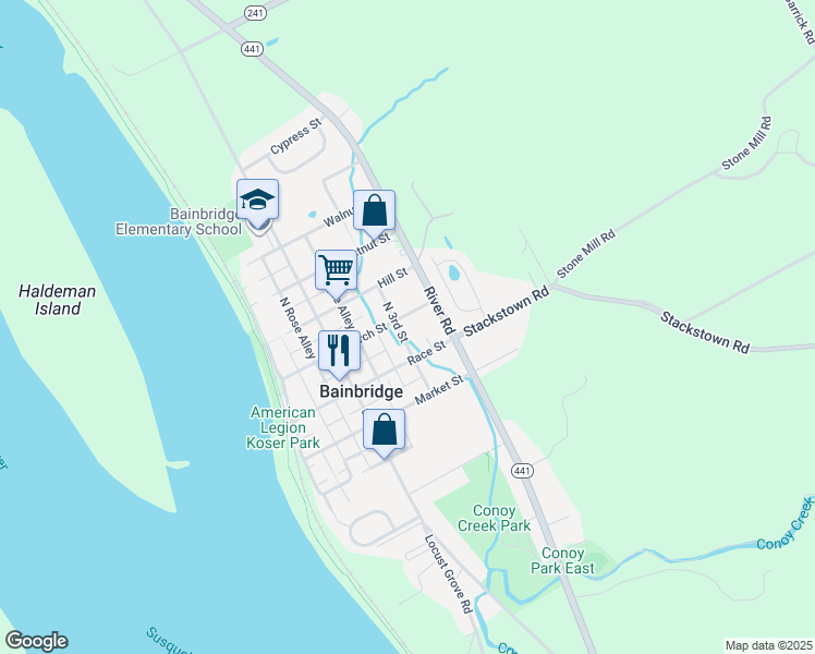 map of restaurants, bars, coffee shops, grocery stores, and more near 307 Arch Street in Bainbridge