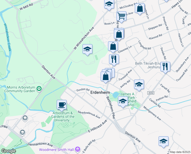 map of restaurants, bars, coffee shops, grocery stores, and more near 33 Windsor Road in Erdenheim