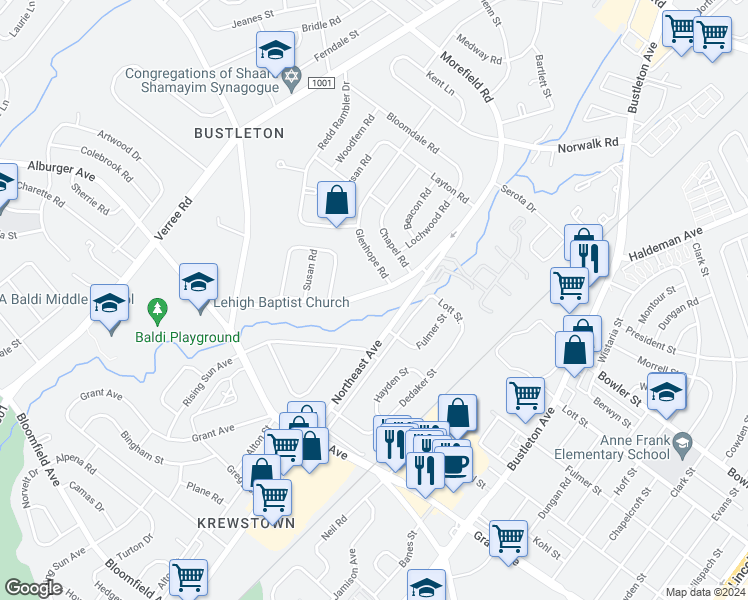 map of restaurants, bars, coffee shops, grocery stores, and more near 9573 Walley Avenue in Philadelphia