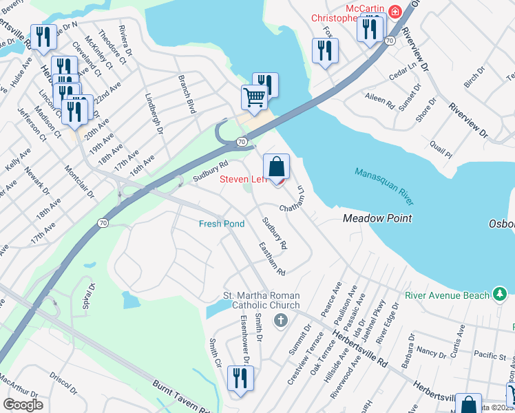 map of restaurants, bars, coffee shops, grocery stores, and more near 27 Chatham Lane in Point Pleasant Beach