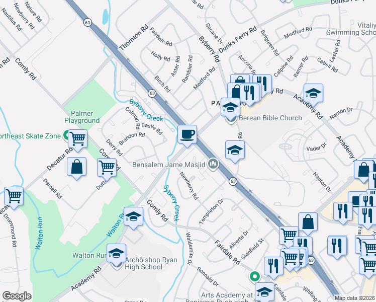 map of restaurants, bars, coffee shops, grocery stores, and more near 12037 Academy Road in Philadelphia