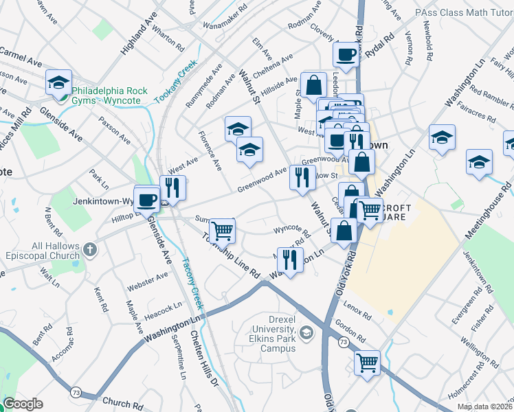 map of restaurants, bars, coffee shops, grocery stores, and more near 237 Summit Avenue in Jenkintown