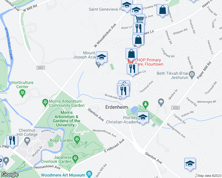 map of restaurants, bars, coffee shops, grocery stores, and more near 33 Windsor Road in Erdenheim