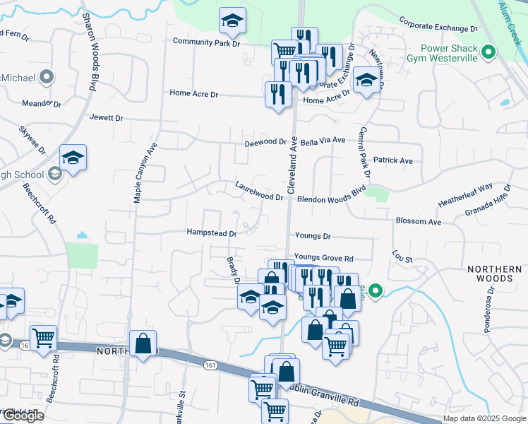 map of restaurants, bars, coffee shops, grocery stores, and more near 2432 Laurelwood Drive in Columbus