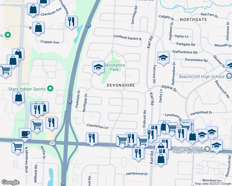 map of restaurants, bars, coffee shops, grocery stores, and more near in Columbus