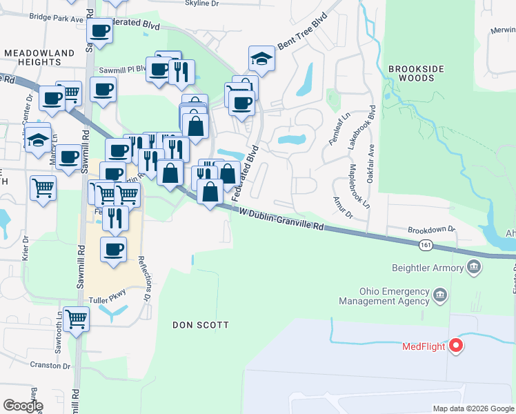 map of restaurants, bars, coffee shops, grocery stores, and more near 6808 Chateau Chase Drive in Columbus