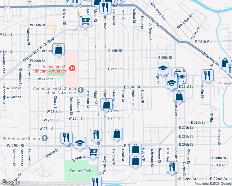 map of restaurants, bars, coffee shops, grocery stores, and more near 2226 Fletcher Street in Anderson
