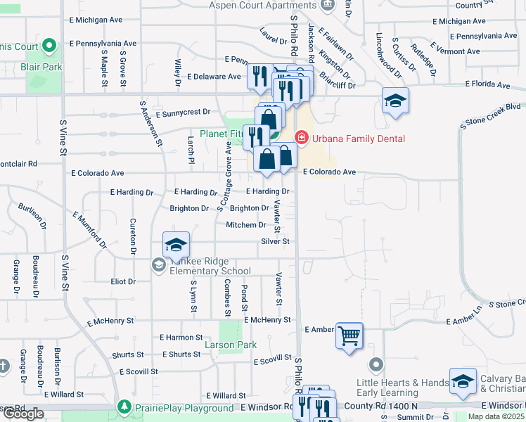 map of restaurants, bars, coffee shops, grocery stores, and more near 1309 East Harding Drive in Urbana