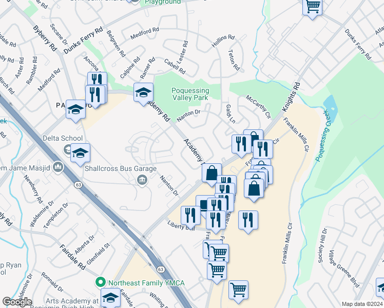 map of restaurants, bars, coffee shops, grocery stores, and more near 3710 Academy Road in Philadelphia