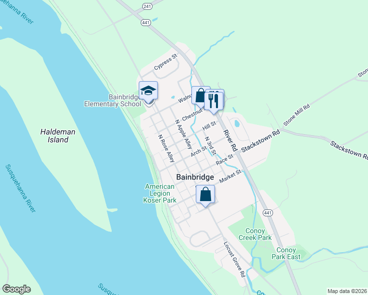 map of restaurants, bars, coffee shops, grocery stores, and more near 225 Hill Street in Bainbridge