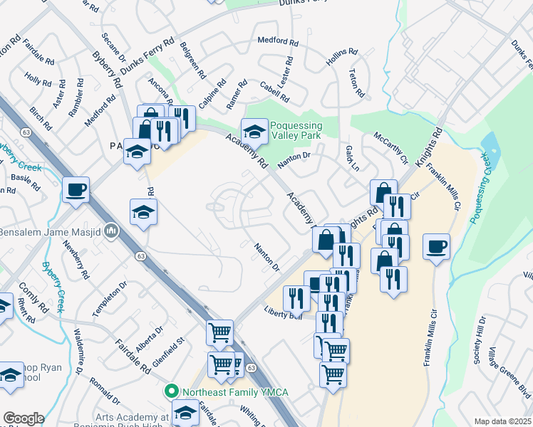 map of restaurants, bars, coffee shops, grocery stores, and more near 3734 Vader Drive in Philadelphia