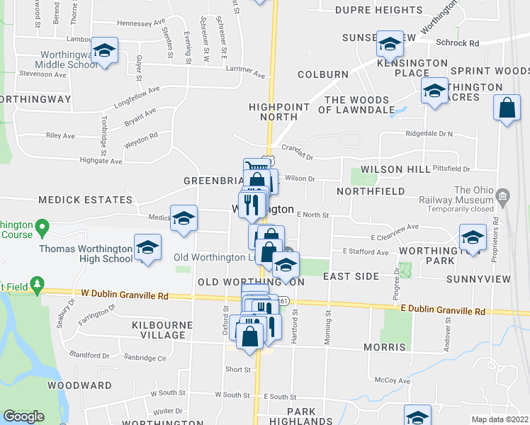 map of restaurants, bars, coffee shops, grocery stores, and more near High St & E North St in Worthington