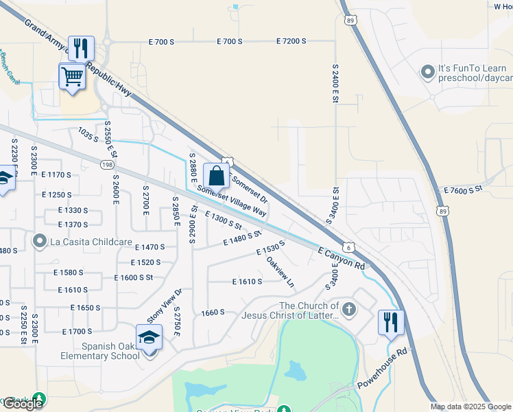 map of restaurants, bars, coffee shops, grocery stores, and more near 3093 E Somerset Village Way in Spanish Fork