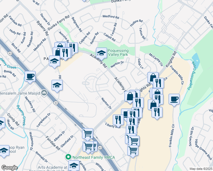 map of restaurants, bars, coffee shops, grocery stores, and more near 3734 Vader Drive in Philadelphia