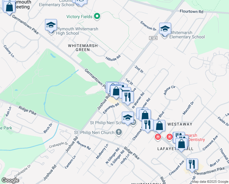 map of restaurants, bars, coffee shops, grocery stores, and more near 401 Germantown Pike in Montgomery County