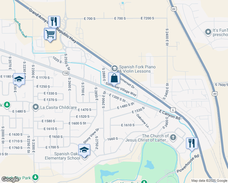 map of restaurants, bars, coffee shops, grocery stores, and more near 2984 East Canyon Road in Spanish Fork