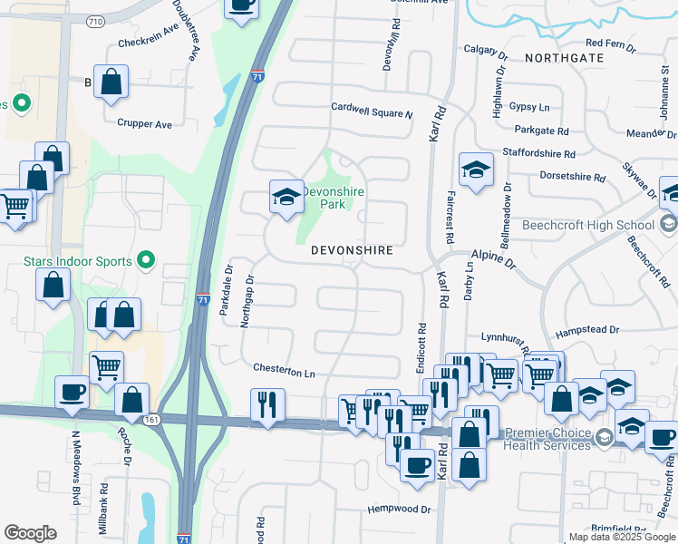 map of restaurants, bars, coffee shops, grocery stores, and more near in Columbus